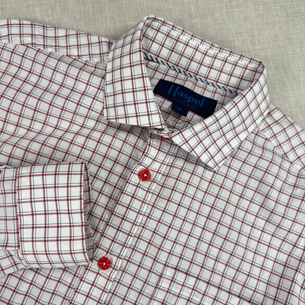 Haspel New Orleans Button Down Shirt Mens Medium Red White Check Long Sleeve EUC